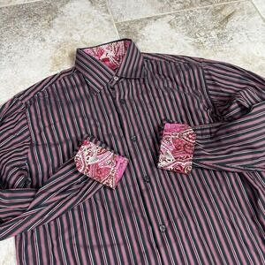Luchiano Visconti Shirt Mens XL Striped Floral Flip Cuff Preppy Work Paisley